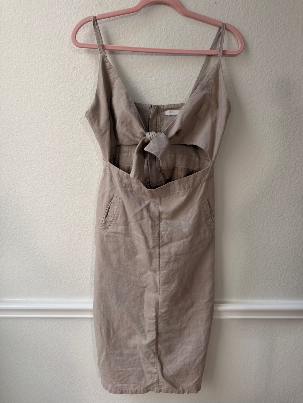 Taupe Linen Blend Cutout Midi Dress Minimalist Coastal Girl Chic Quiet Luxury S